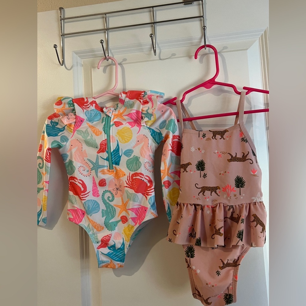 Set of 2 Swimsuits: Wonder Nation Sea Life Rashguard and Old Navy LeopardSz 18mo